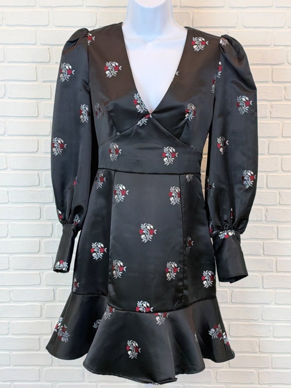 Joie Minia Black Floral Jacquard Mini Dress Puff Sleeve Flounce Hem 2